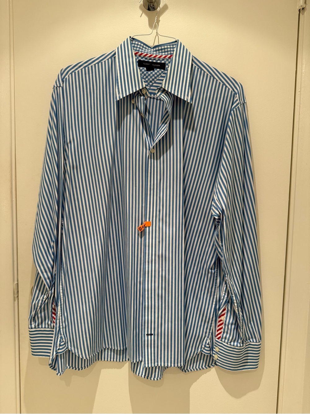Tommy Hilfiger Blue & White Striped Dress Shirt with Red Cuff Accent